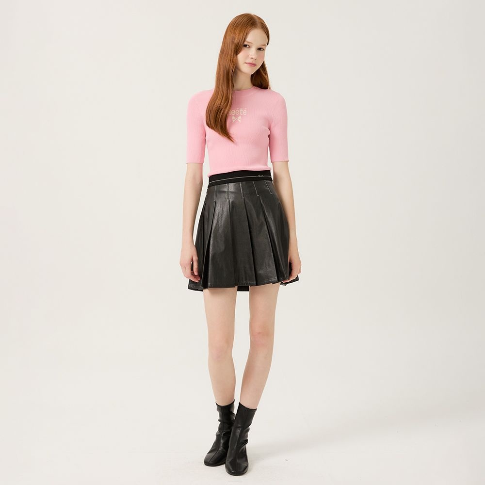 리에떼 lettering band leather pleated skirt- U1F32LSK010