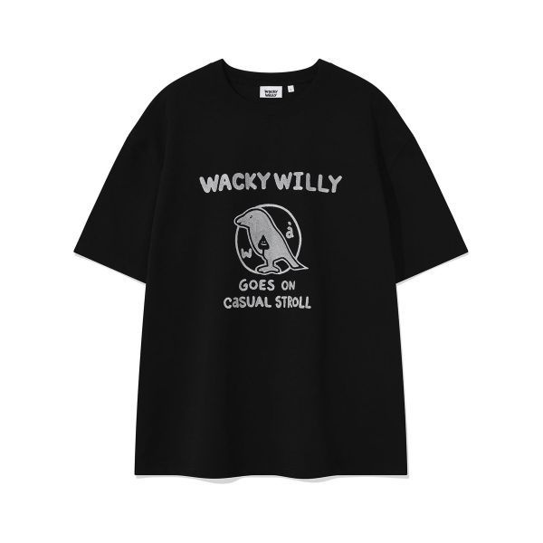 와키윌리 WACKY WILLY 타이포 버드 그래픽 반팔 티셔츠 블랙