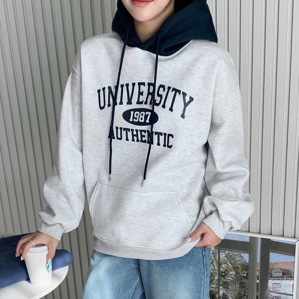 뉴기모 어센틱 레터링 여성 배색 라인 후드 풀오버