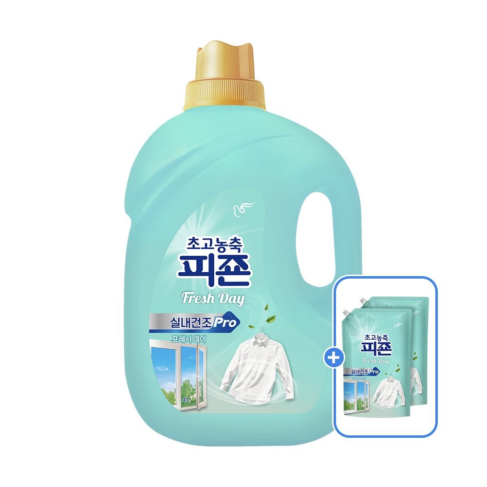 피죤 실내건조 프로 초고농축 섬유유연제 프레시데이 4L X 1개 + 1.7L 리필 2개
