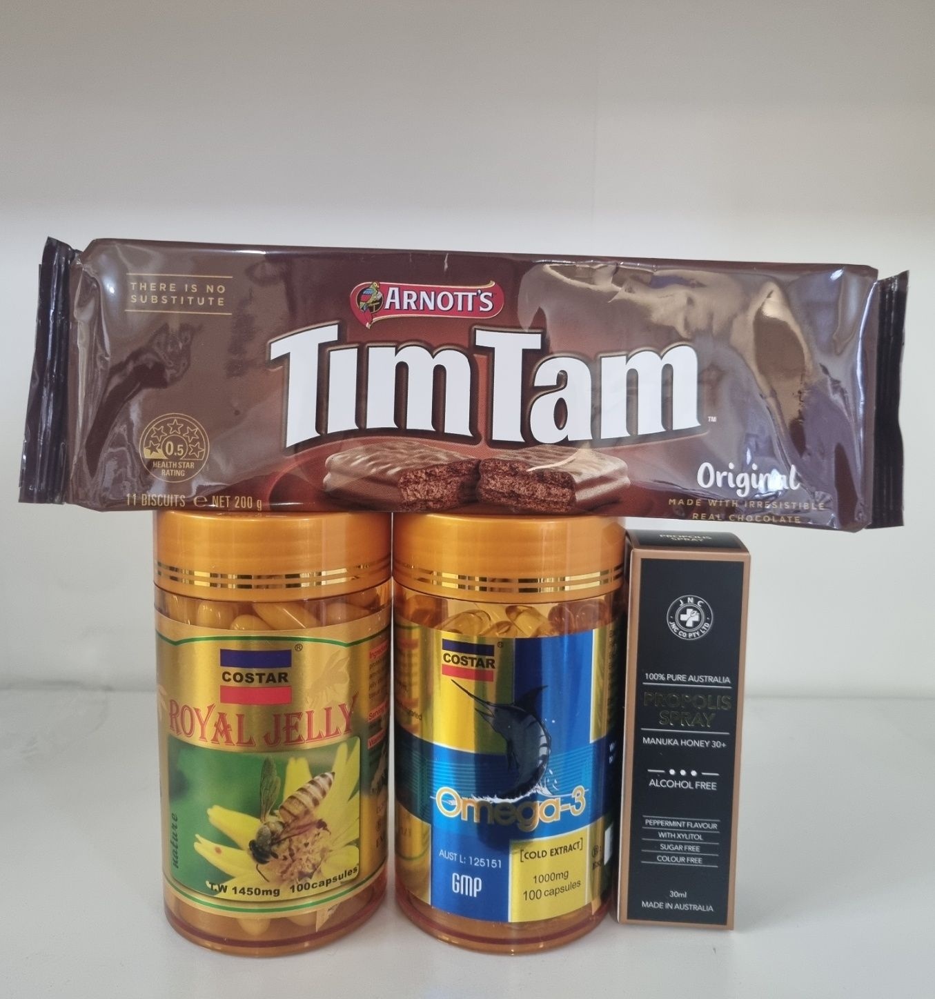 [해외] 호주 코스타 로얄제리 1450mg 100정, 오메가3 100정, 프로폴리스 스프레이, 팀탐 오리지날 초코바