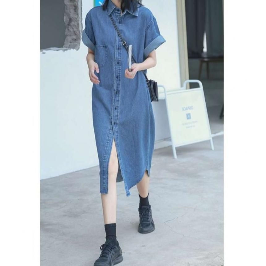 [해외] 롱데님셔츠 연청남방 레트로 블루 박스 워싱 중청 동네 맥시 여름 썸머 얇은 마실룩 여성 루즈핏 미시룩