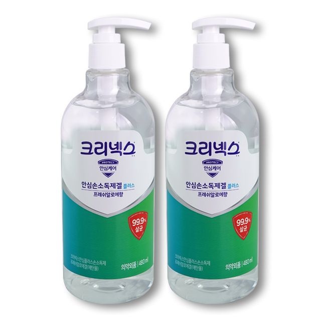 크리넥스 안심플러스 손소독제 프레쉬 알로에겔 손소독겔 480ml 2개