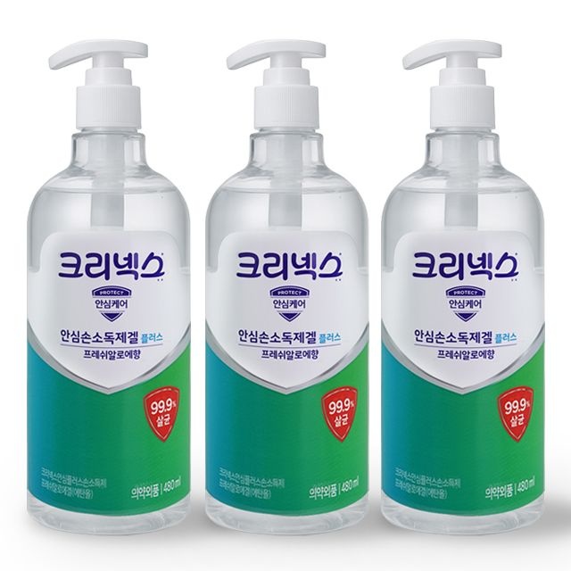 크리넥스 안심플러스 손소독제 프레쉬 알로에겔 손소독겔 480ml 3개