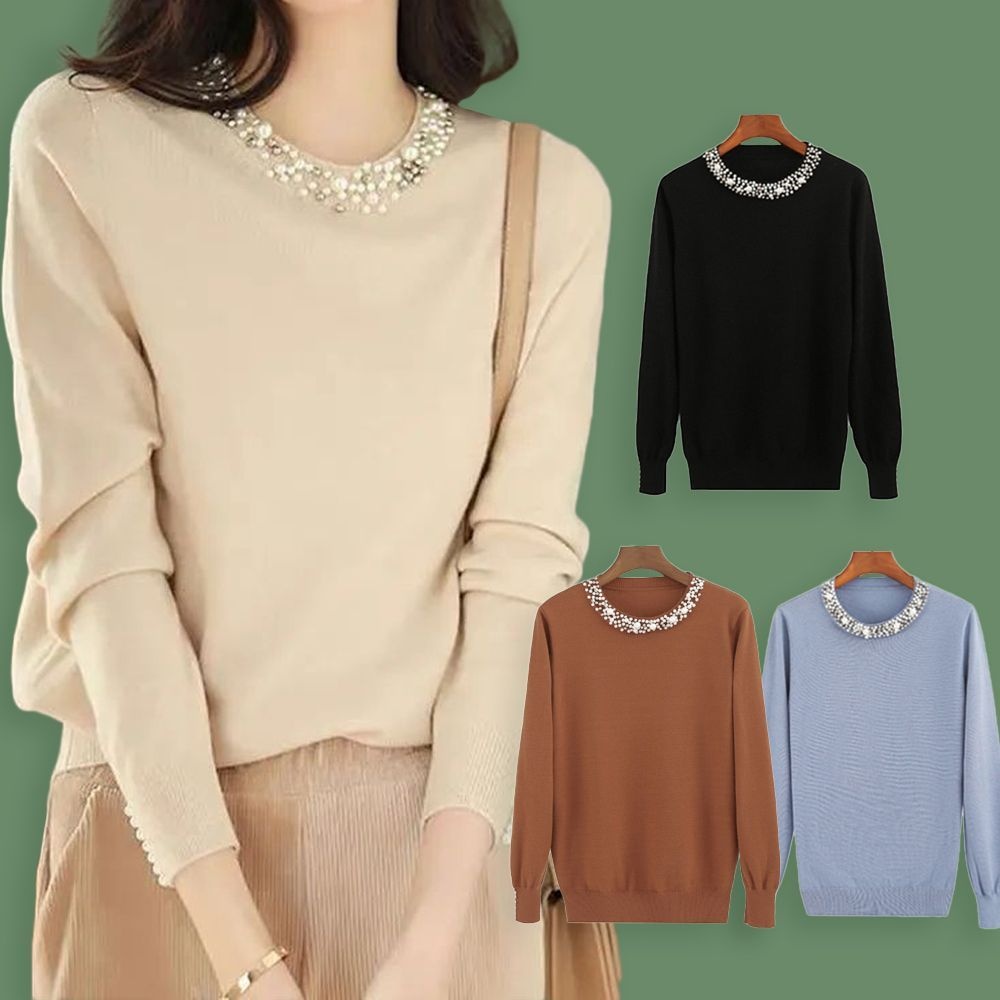 아이엠비오 IM 여성 진주 라운드 넥 긴팔 봄 가을 니트 티 루즈핏니트 가을니트