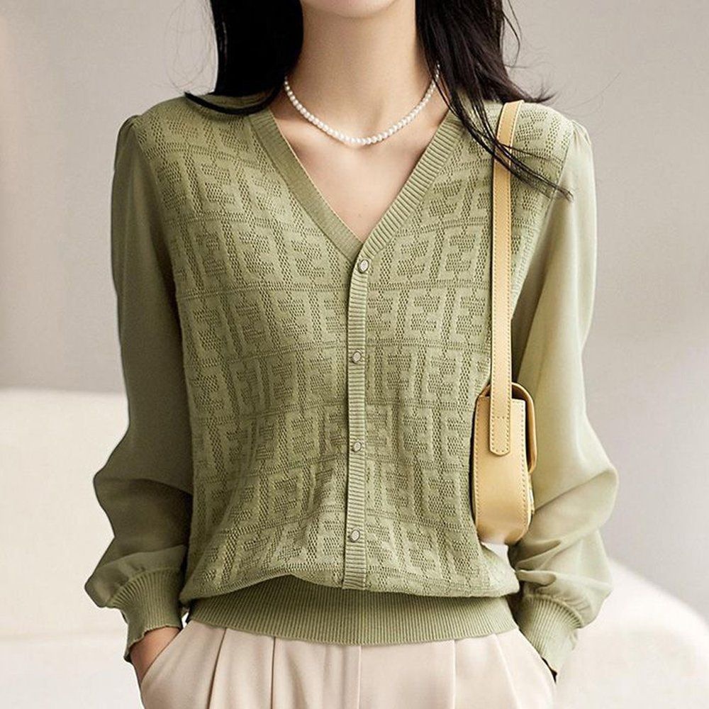 아이엠비오 IM 여성 봄 가을 퍼프 소매 긴팔 브이넥 니트 그린 예쁜니트 기본니트