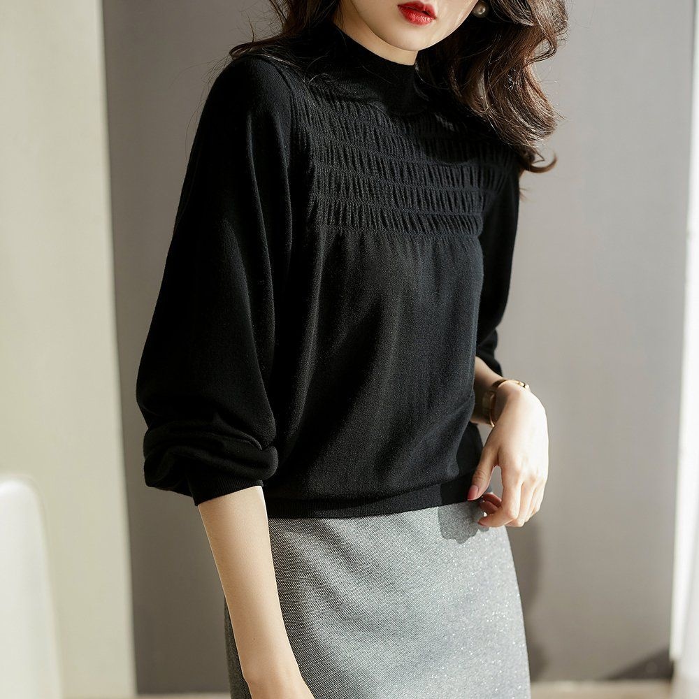 아이엠비오 IM 벌룬 소매 셔링 반목 니트 여성 출근 데일리 티 블랙 가벼운니트 예쁜니트