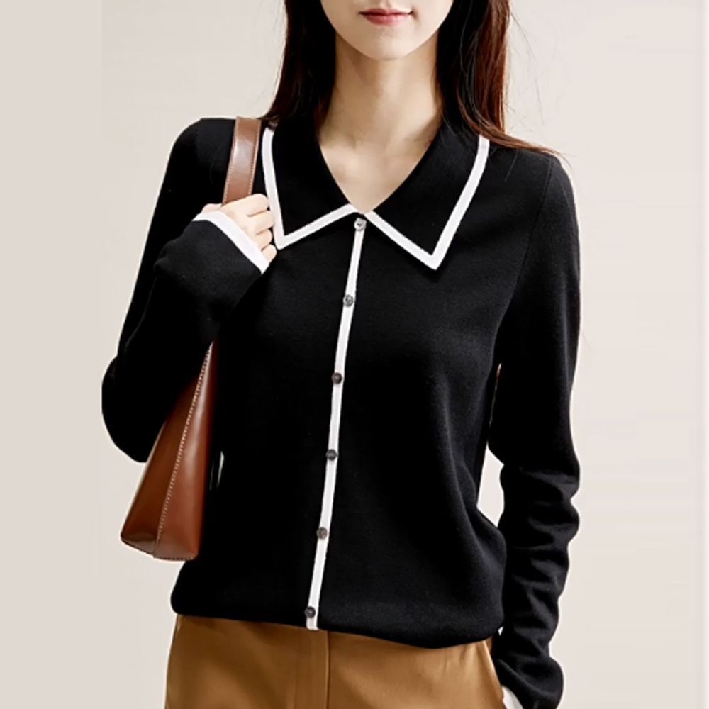 아이엠비오 IM 여성 봄 가을 출근 룩 슬림 핏 카라 니트 티 블랙 레이어드니트 예쁜니트