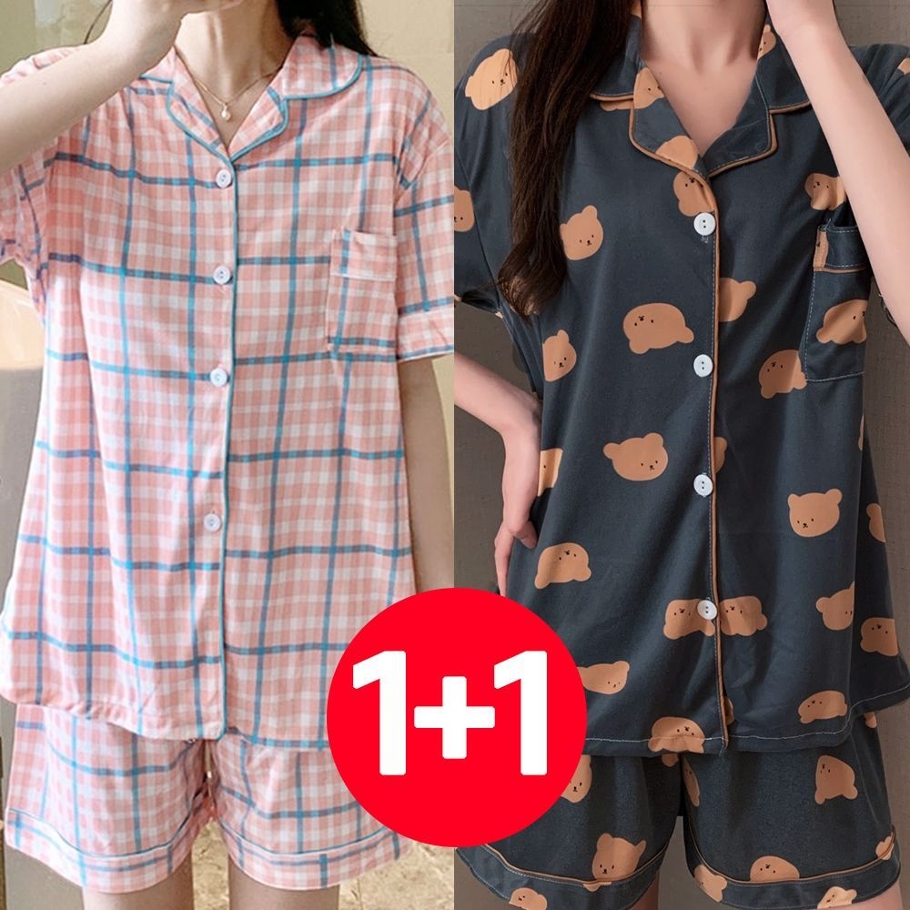 아이엠비오 IM 여성 여름 반팔 바지 잠옷 세트 2개 애프리콧 차콜곰 여성잠옷세트 여름잠옷반바지