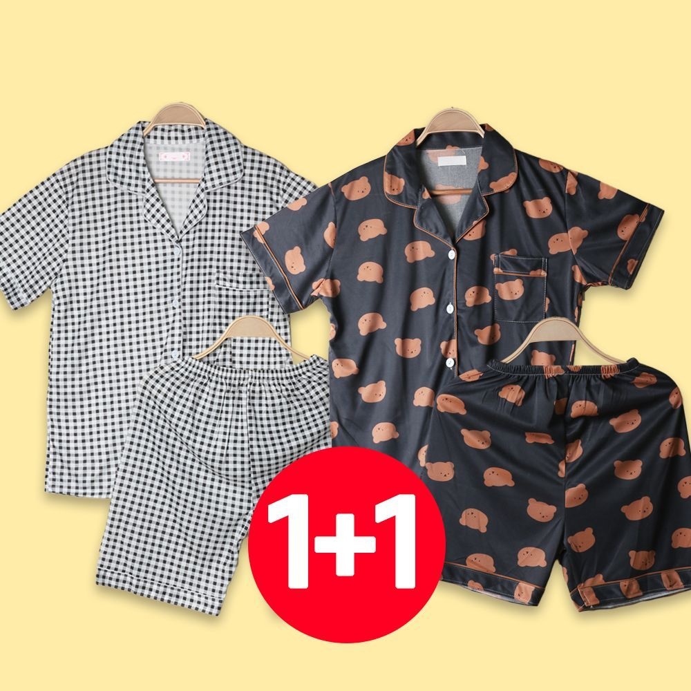 아이엠비오 IM 여성 여름 반팔 바지 잠옷 세트 2개 차콜곰 체크 블랙 잠옷반바지 여름파자마세트