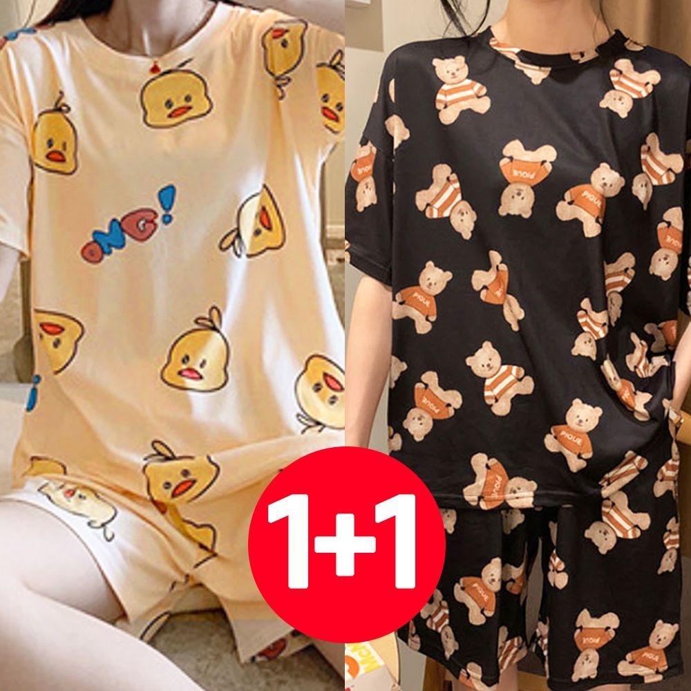 아이엠비오 IM 여성 반팔 반바지 여름 잠옷 세트 2개 블랙베어 오리 우정잠옷 파자마세트