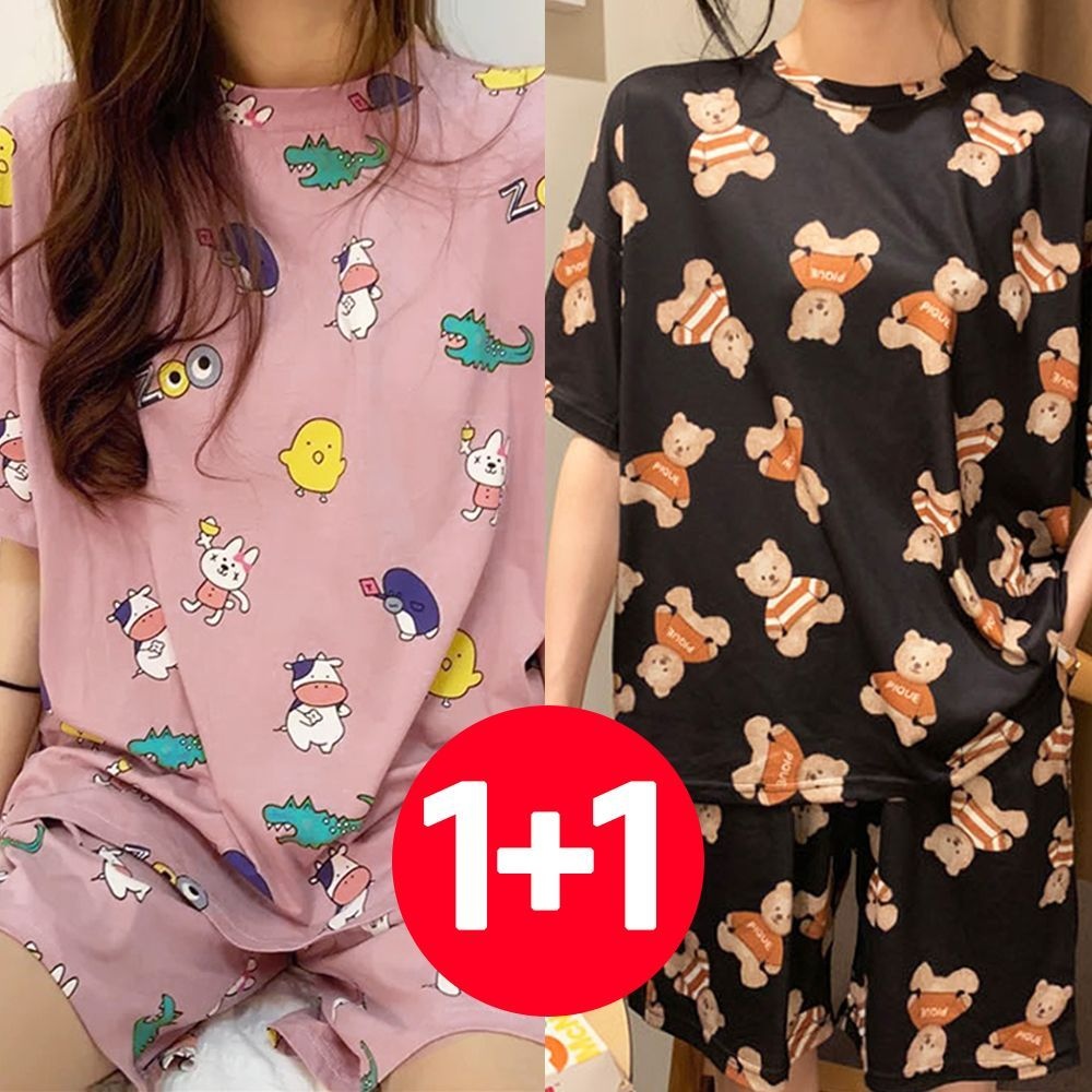 아이엠비오 IM 여성 반팔 반바지 여름 잠옷 세트 2개 블랙곰인디핑크 파자마세트 반팔잠옷