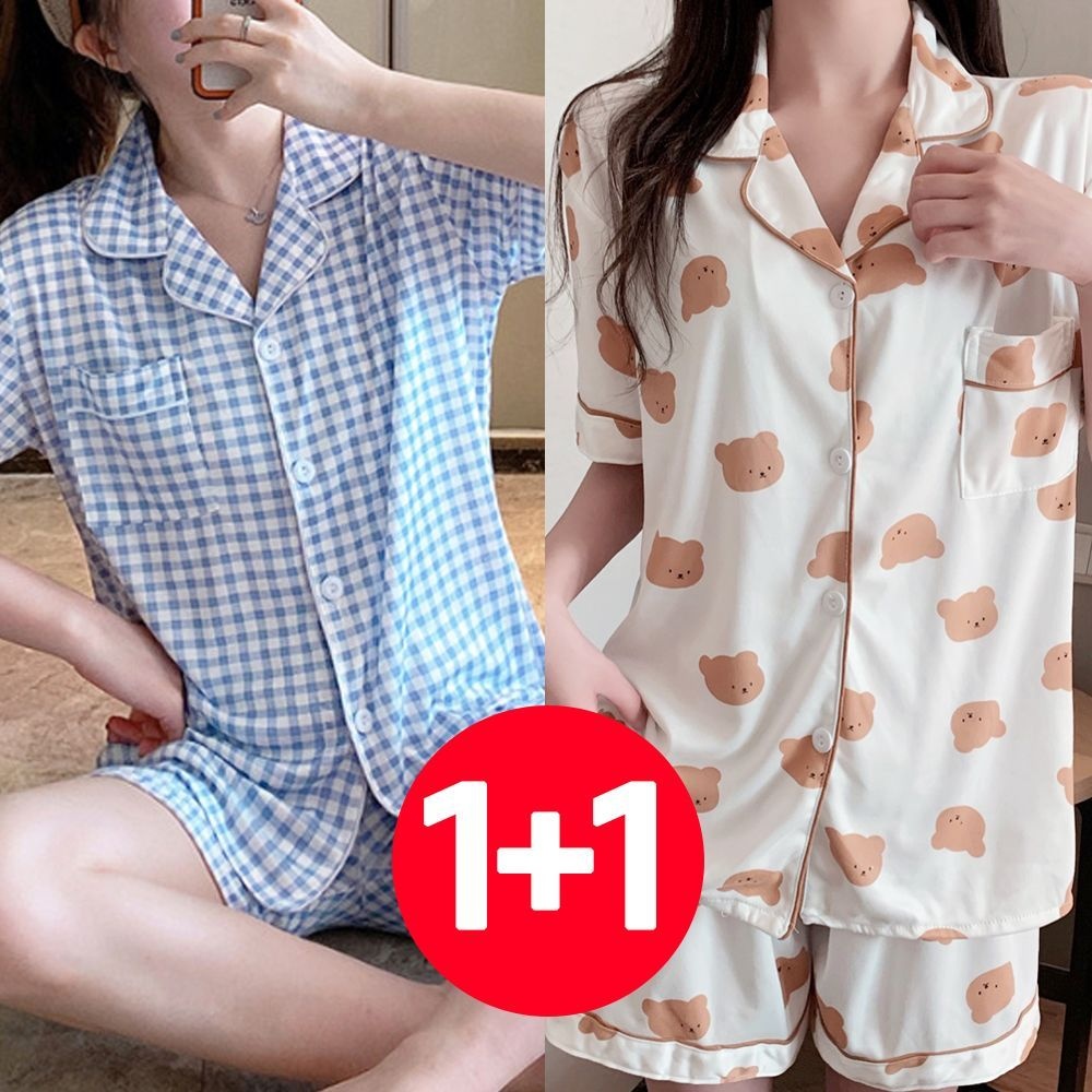 아이엠비오 IM 여성 여름 반팔 바지 잠옷 세트 2개 체크 SKY 크림곰 여성잠옷세트 잠옷반바지