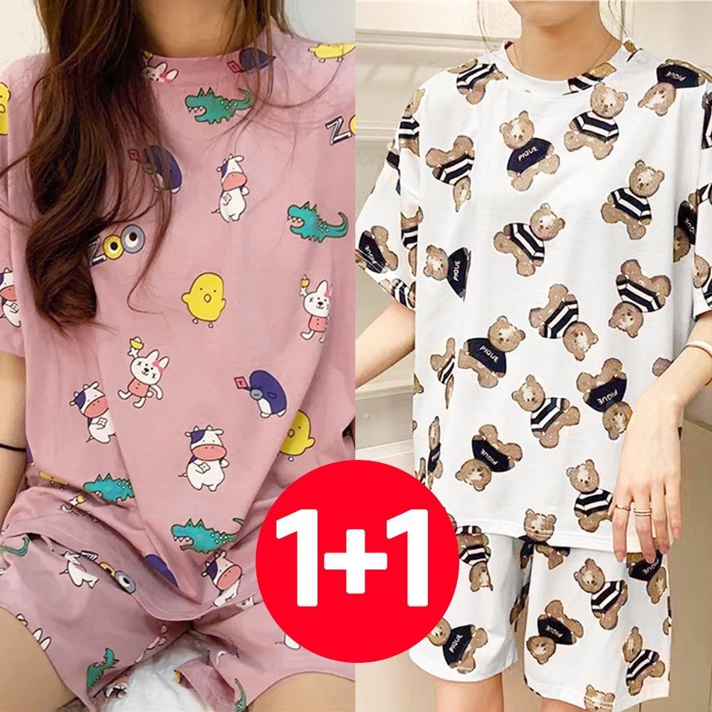 아이엠비오 IM 여성 반팔 반바지 여름 잠옷 세트 2개 크림곰인디핑크 반팔파자마 여자여름잠옷