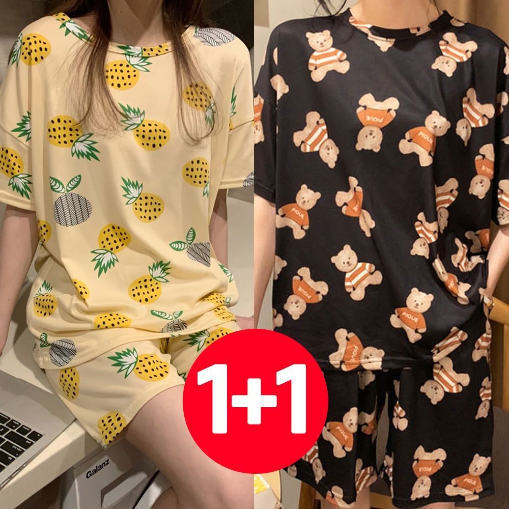 아이엠비오 IM 여성 반팔 반바지 여름 잠옷 세트 2개 파인애플블랙곰 여자여름잠옷 예쁜잠옷