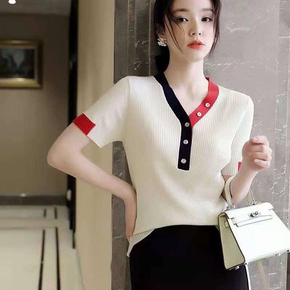 아이엠비오 IM 퓨어 배색 단추 니트 여자 예쁜 브이넥 반팔 셔츠 V넥니트 데일리셔츠