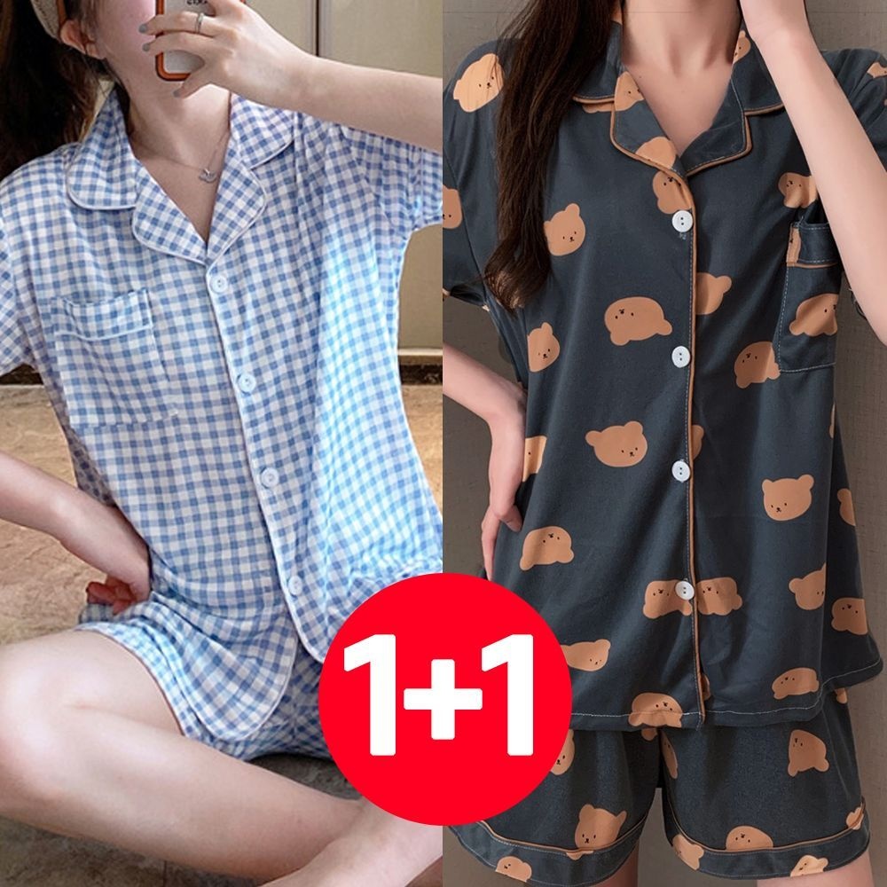 아이엠비오 IM 여성 여름 반팔 바지 잠옷 세트 2개 체크 SKY 차콜곰 여성잠옷 잠옷반바지