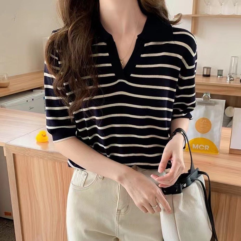 아이엠비오 IM 여성 여름 스트라이프 카라 넥 반팔 니트 티 블랙 카라니트 여성반팔니트티