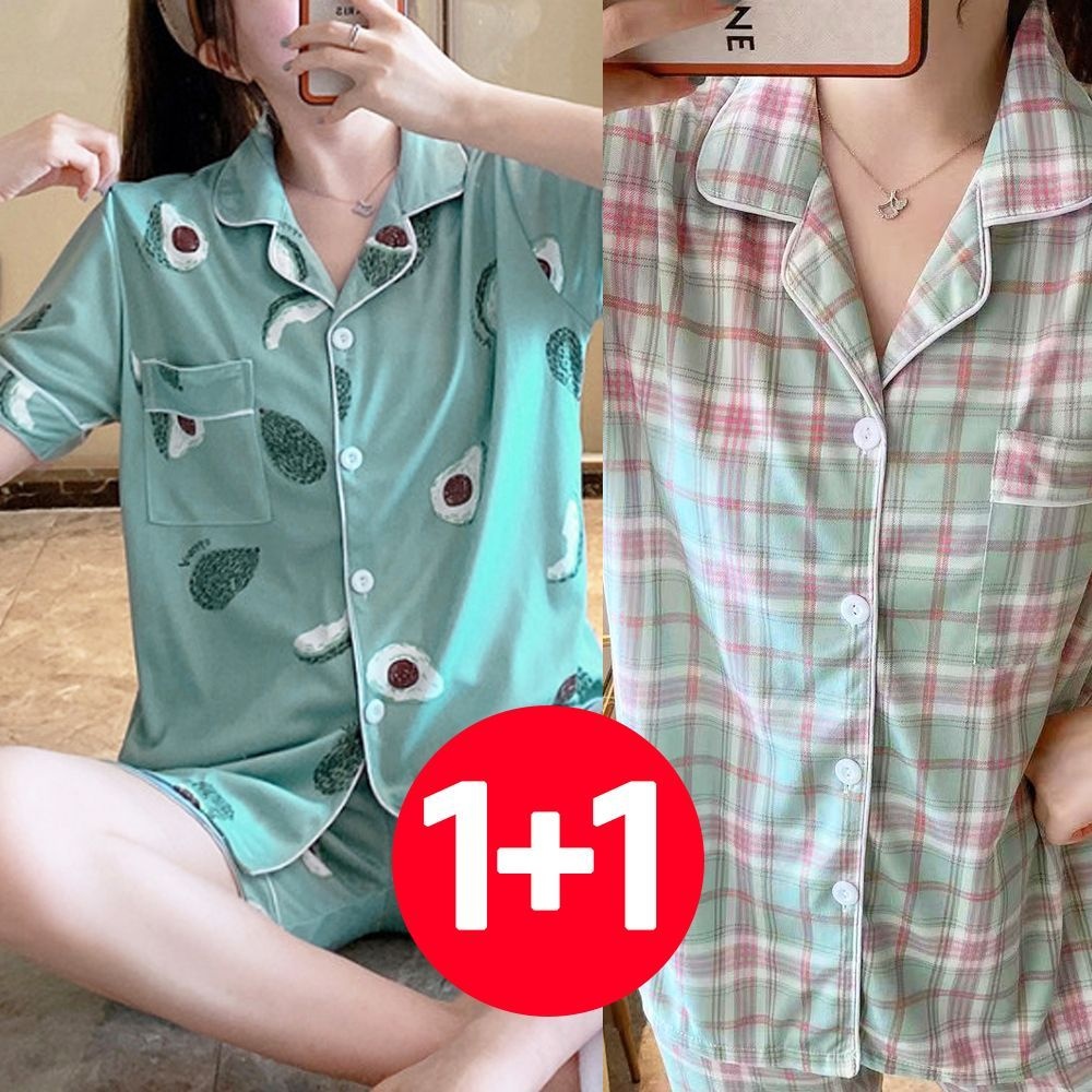 아이엠비오 IM 여성 여름 반팔 바지 잠옷 세트 2개 체크민트아보카도 여름잠옷 여름잠옷반바지