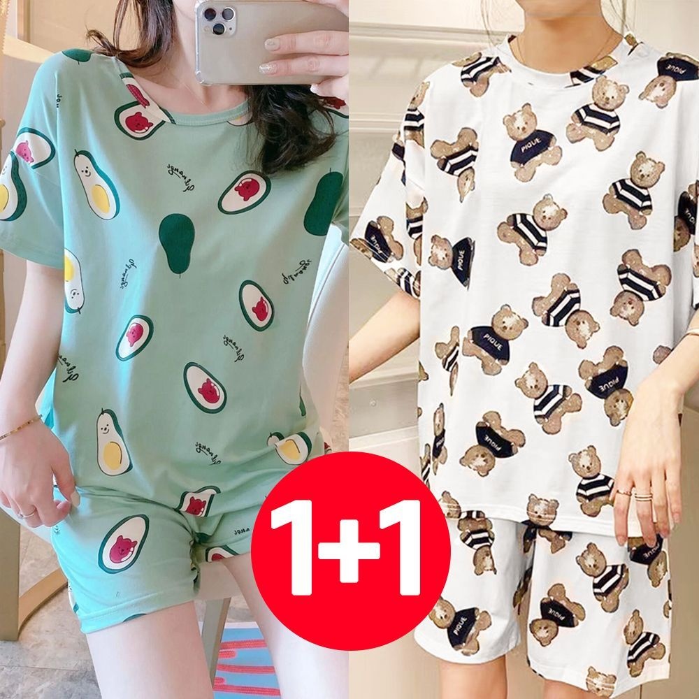 아이엠비오 IM 여성 반팔 반바지 여름 잠옷 세트 2개 베어카도크림곰 반팔잠옷 여름잠옷세트