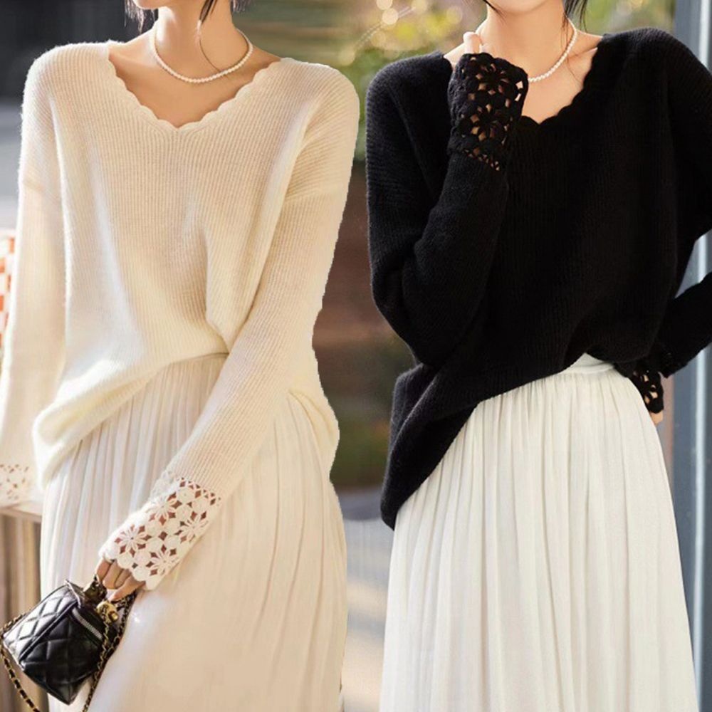 아이엠비오 IM 여성 펀칭 브이넥 봄 가을 니트 긴팔 티 여자봄니트 여성브이넥니트