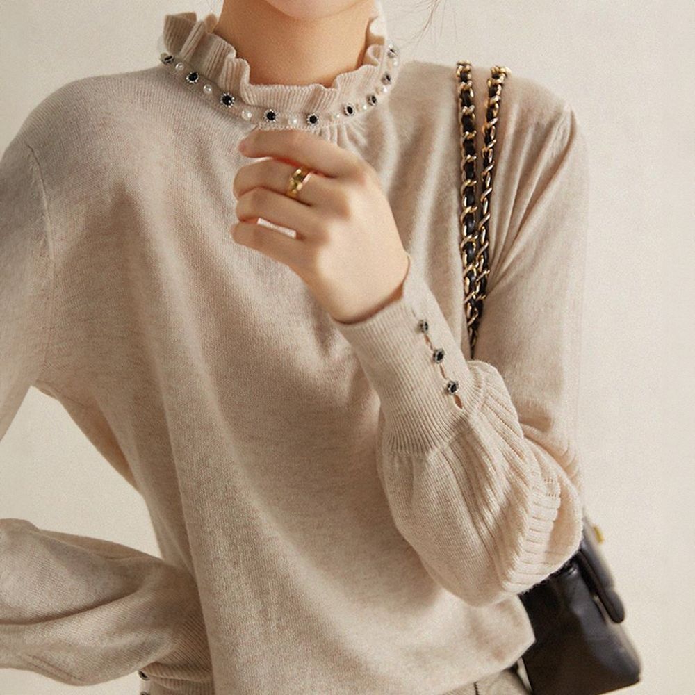 아이엠비오 IM 봄 가을 여자 예쁜 긴팔 반목 여성 니트 티 베이지 여자봄니트 봄니트