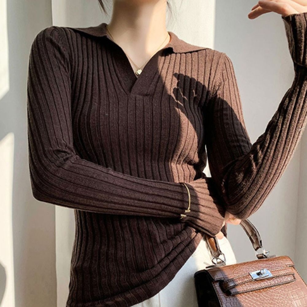 여성 브라운 봄 가을 얇은 브이넥카라 골지 긴팔티