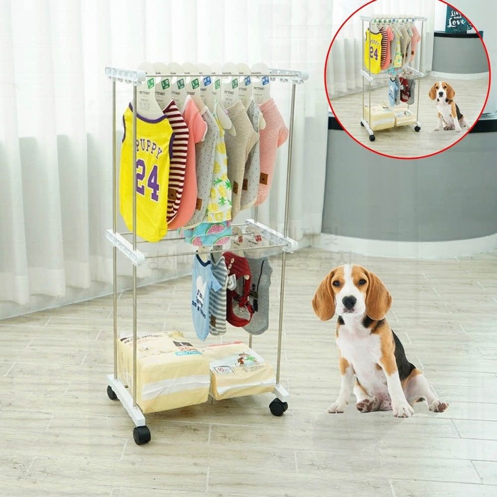 애견 의류 행거 2단 애완 강아지 옷 정리 이동식 진열