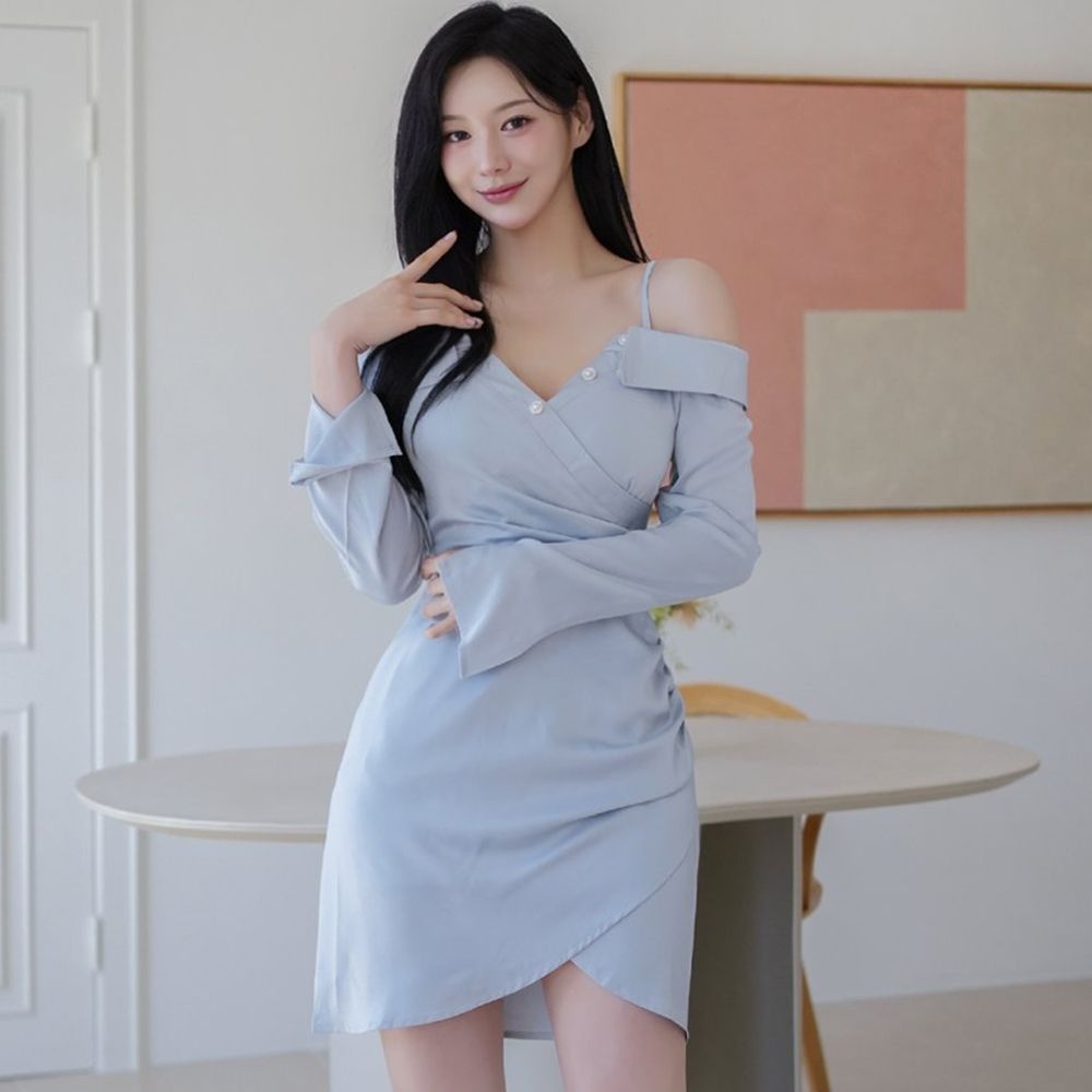 채핏 모트 튤립오프 원피스 섹시 글램 미니 ops 셔츠 긴팔 오프숄더 랩스타일 버튼 슬리브리스 h라인