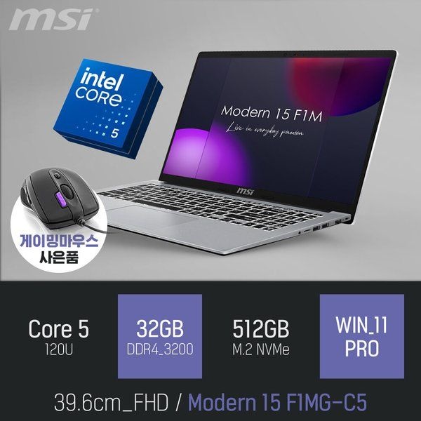 MSI 모던시리즈 모던 15 F1MG-C5 32GB 512GB WIN11 / 사무 업무용 비즈니스 초경량 15인치 노트북 423227