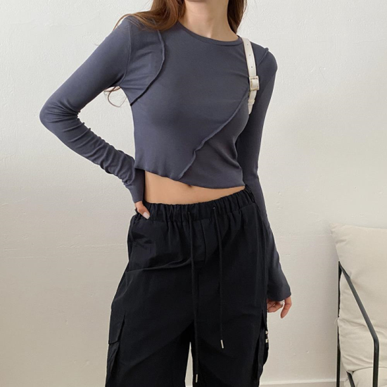 여자 가을홍대룩 배꼽크롭 긴팔 티셔츠