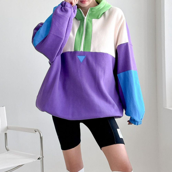 옷자락 여자 후디 하프집업 큰사이즈 양기모 블록코어룩 티셔츠