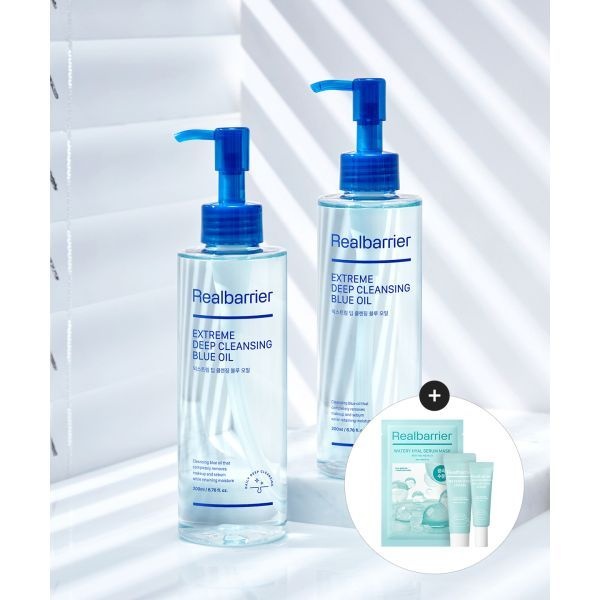 매장정품 REAL BARRIER 익스트림 딥 클렌징 블루 오일 200MLX 2개 (워터리 히알 (세럼 7ml+크림10ml) 증정)+마스크1매)