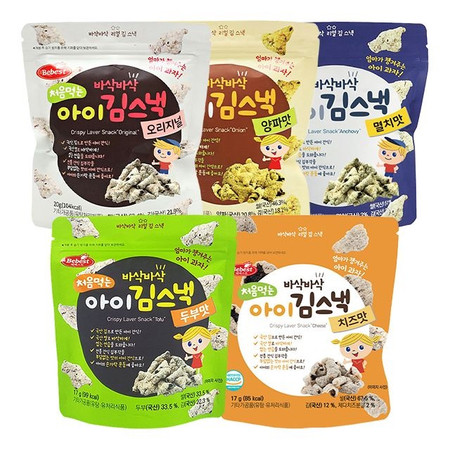 상품상세참조 베베스트 처음먹는 아이 김스낵 5종 세트 (오리지널 양파맛 멸치맛 두부맛 치즈맛) 아기과자 아기간식 김부각
