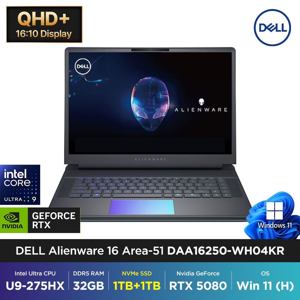 델 DELL 에일리언웨어 16 Area-51 DAA16250-WH04KR 인텔 Ultra9 275HX 32GB 1TB+1TB RTX5080 윈도우11 게이밍 노트북 백팩 사은품