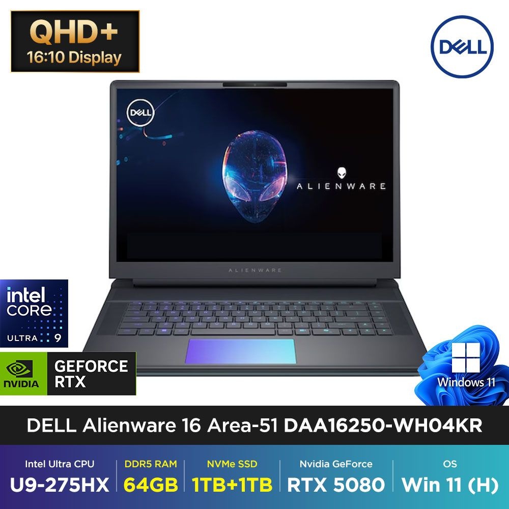 델 DELL 에일리언웨어 16 Area-51 DAA16250-WH04KR 인텔 Ultra9 275HX 64GB 1TB+1TB RTX5080 윈도우11 게이밍 노트북 백팩 사은품