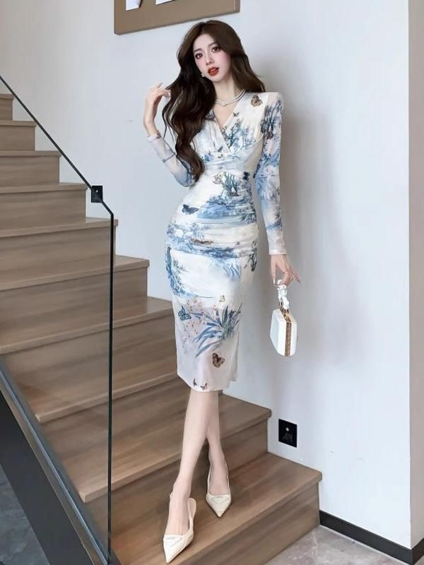 [해외] 지9차이나 브이넥 뉴트로 오피스룩 모던 데일리 원피스