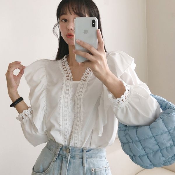 드레스날다 아르헨티 브이넥 레이스 봉긋 어깨 프릴 블라우스