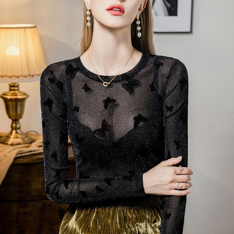 [해외] 여성 라인댄스복 상의 펄 실크 메시 이너 무대의상 티셔츠 라틴댄스 연습복 탑 섹시댄스복 화려한티셔츠