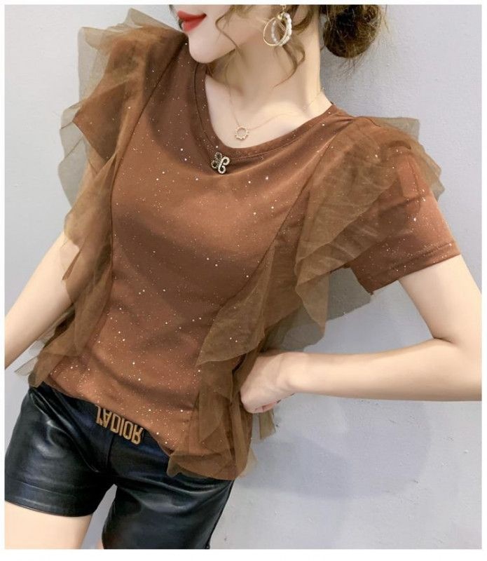 [해외] 여성 라인댄스복 상의 연습복 러플 메시 중년 무대의상 티셔츠 탑 라틴댄스 섹시댄스복 화려한티셔츠