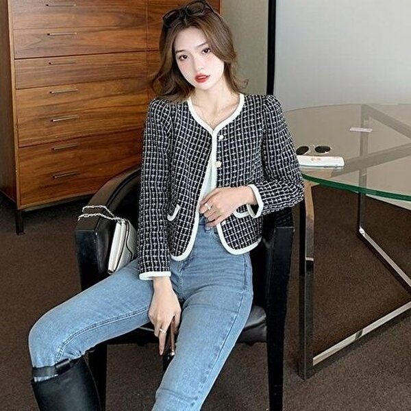 [셀러허브 패션][JHL977P1_51IB]트위드 크롭 배색컬러 자켓 재킷