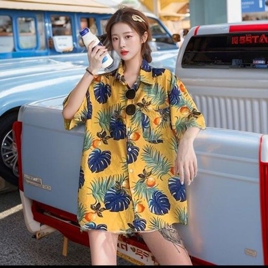 휴양지 바캉스룩 알로하 하와이안반팔셔츠 야자수 스탠다드 플라워패턴 톱셔츠