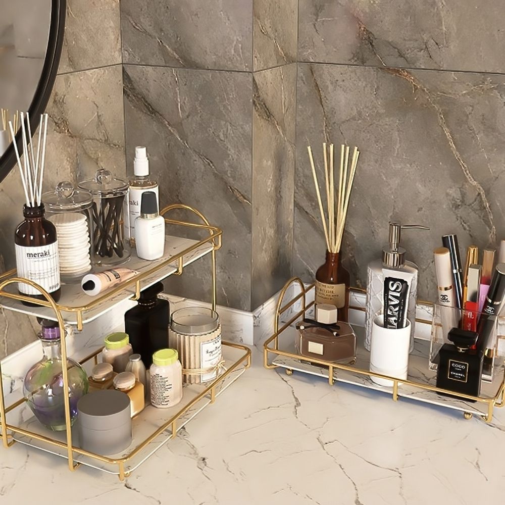 상품상세참조 골드프레임 마블 선반 1단 2단 호텔식 화장품 보관대 정리함 향수 진열대 트레이 화장대 수납함 유쁘다