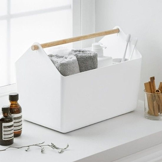 화이트 우든 핸들 바스켓 바구니 소품함 시스맥스 소품정리함 다용도 수납 데스크테리어