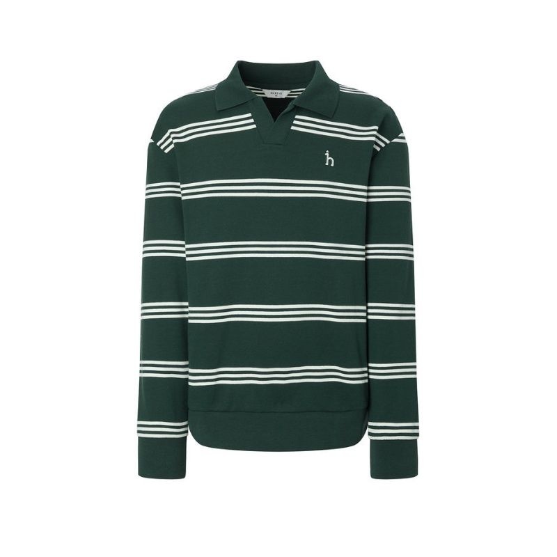 [롯데백화점] 헤지스 남성 그린 스트라이프 오픈카라 맨투맨  HZTS5D345E2 LE1220039096