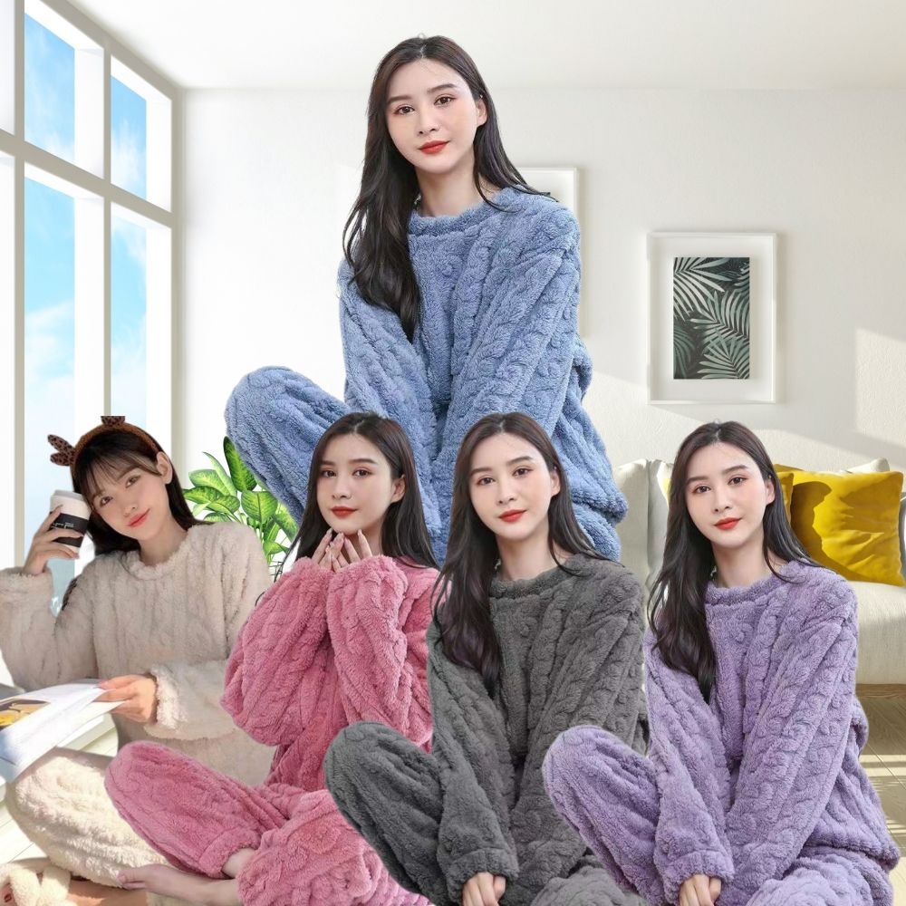 스타일도매 혀누닷컴 여성 부드러운 극세사 수면 밴딩 잠옷세트 따뜻한 겨울 두꺼운 꽈배기 꿀잠 신축성 상하의세트