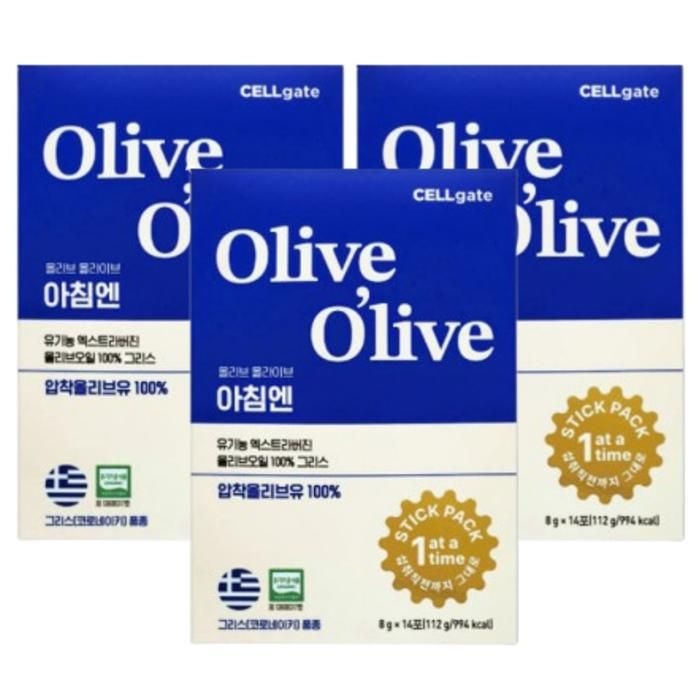 올리브 올라이브 아침엔 유기농 엑스트라버진 올리브오일 그리스 스틱형 8g 14포 x 3박스