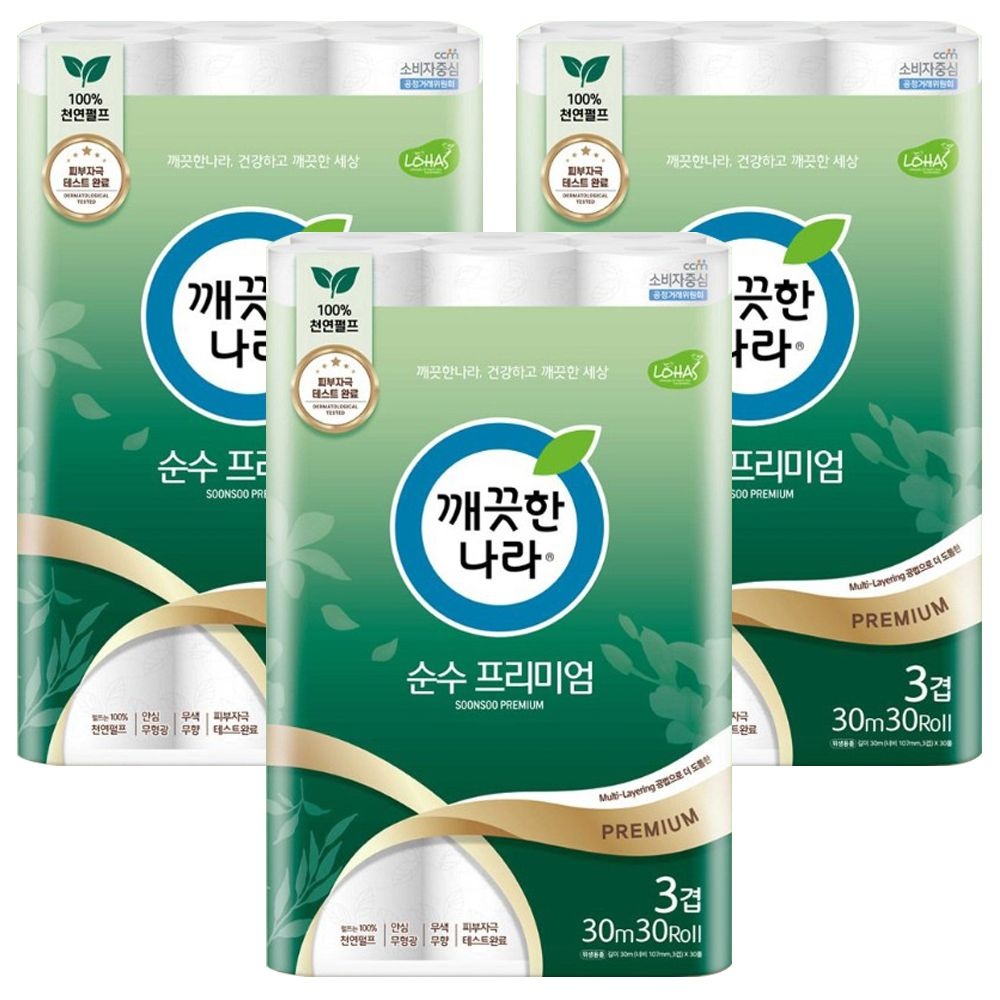 깨끗한나라 순수 프리미엄 화장지 30롤 3겹 30m, 3팩