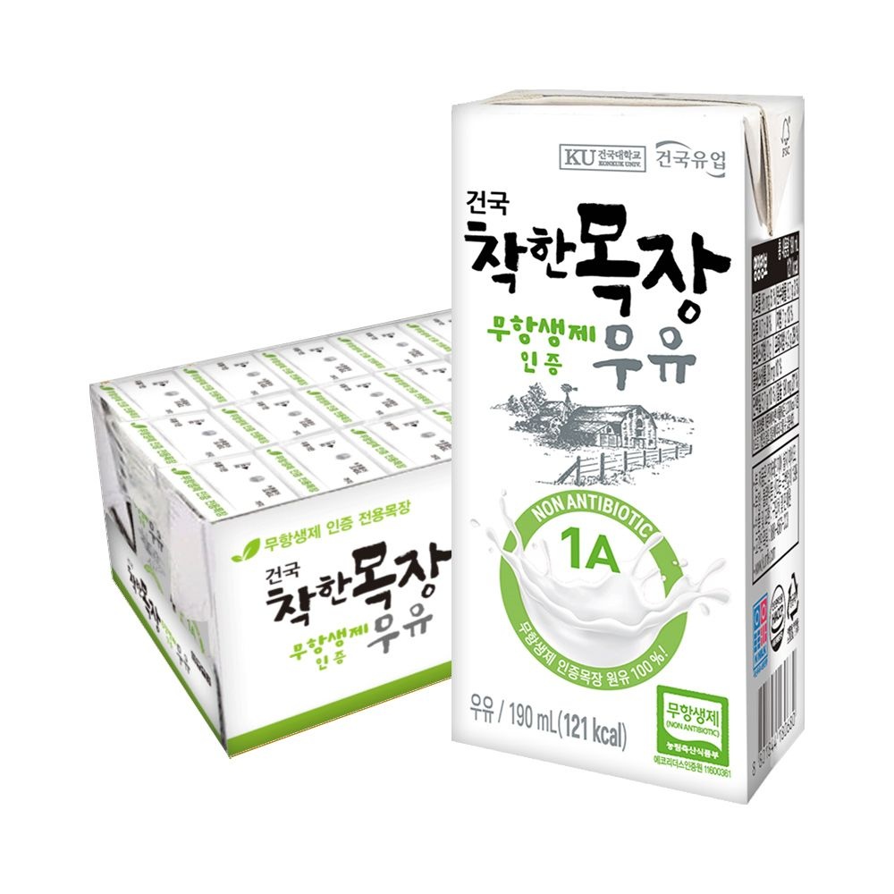 건국유업 착한목장 무항생우유 190ml 24팩