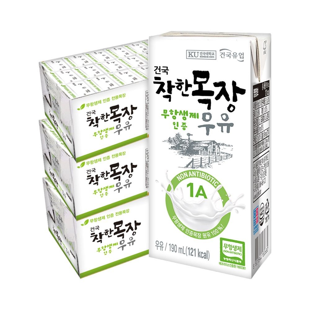건국유업 건국 착한목장 무항생우유 190ml 72팩 (24팩 3박스)